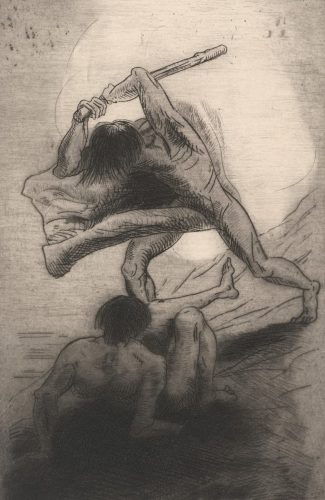 Two men fighting with a stick, one on top.