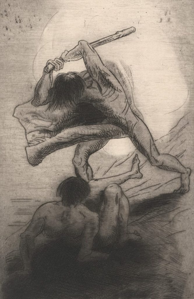 Two men fighting with a stick, one on top.