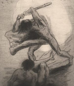 Two men fighting with a stick, one on top.